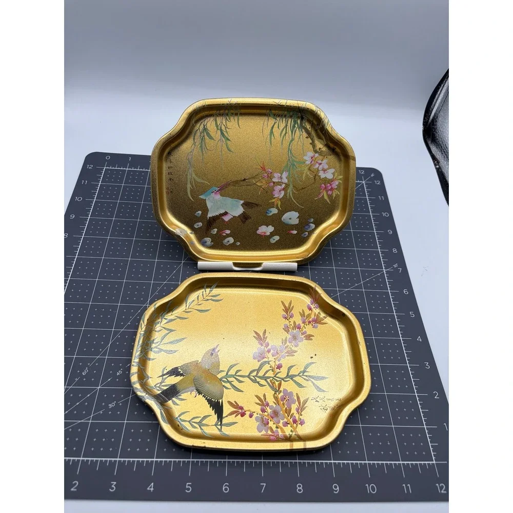 Vintage Elite Trays England Gold Metal Bird Floral Chinoiserie Mini Trays Set 2